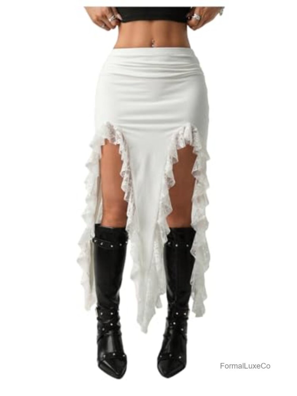 Asymmetrical Lace Trim Flowy Skirt with Slit Western Concert Festival